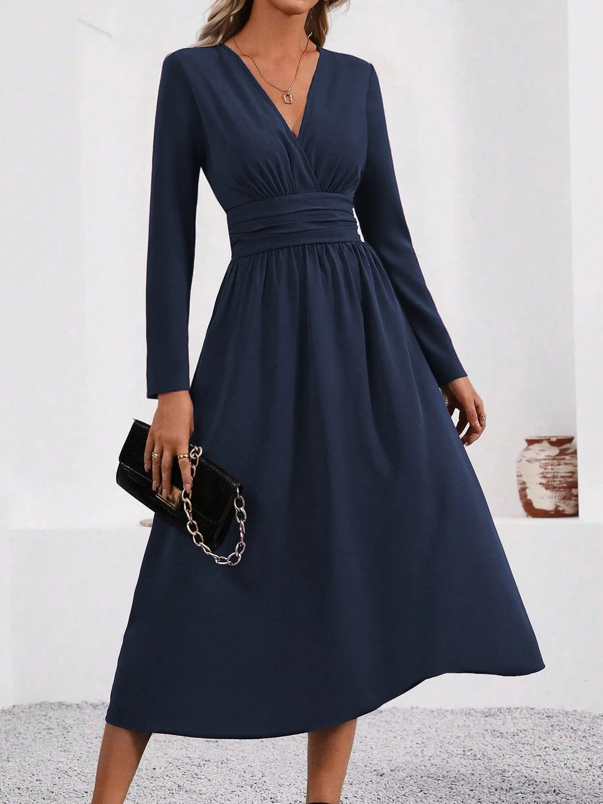 Elegant V-Neck Long Sleeve with Waist Shirring Bodycon Long Maxi Dress