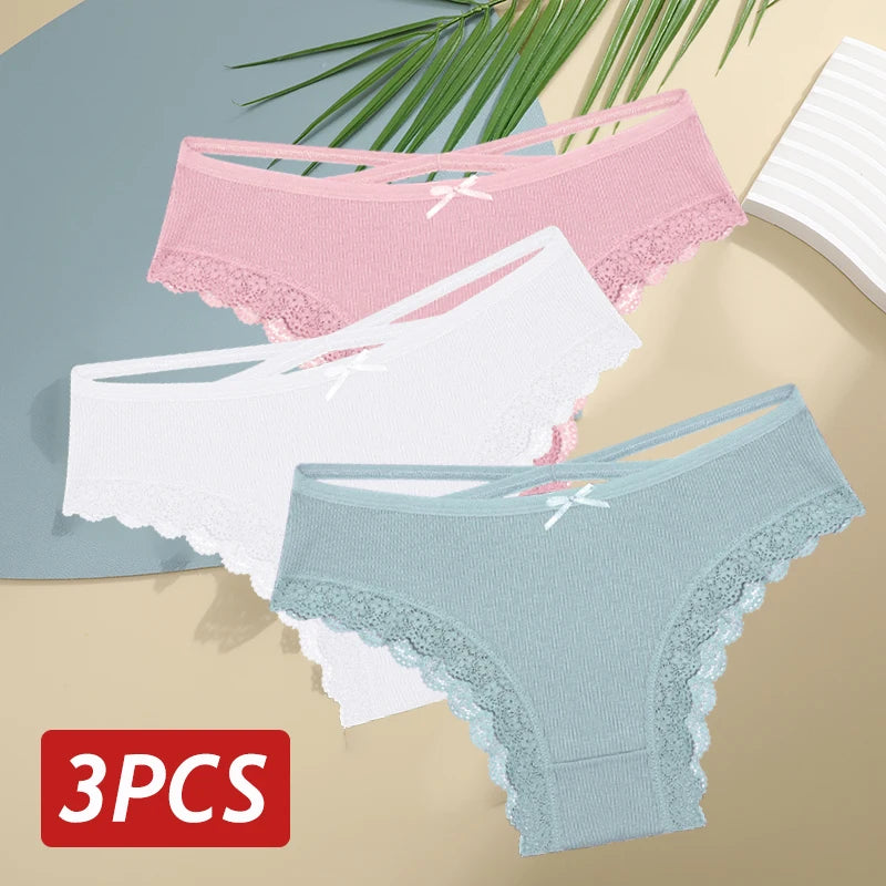 3PCS/Set Cotton Sexy Low Rise Lace Brazilian Panties S-XL