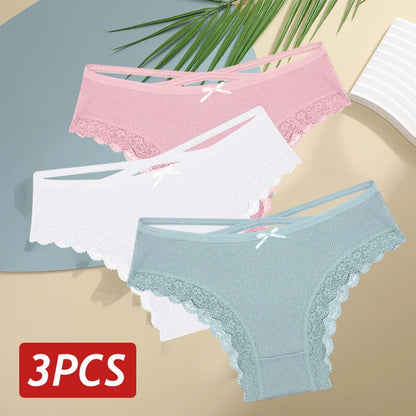 3PCS/Set Cotton Sexy Low Rise Lace Brazilian Panties S-XL