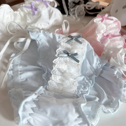 Double Bow Lace Ruffle Cute Underpants Low Waist Lace Up Ice Silk Breathable Panties