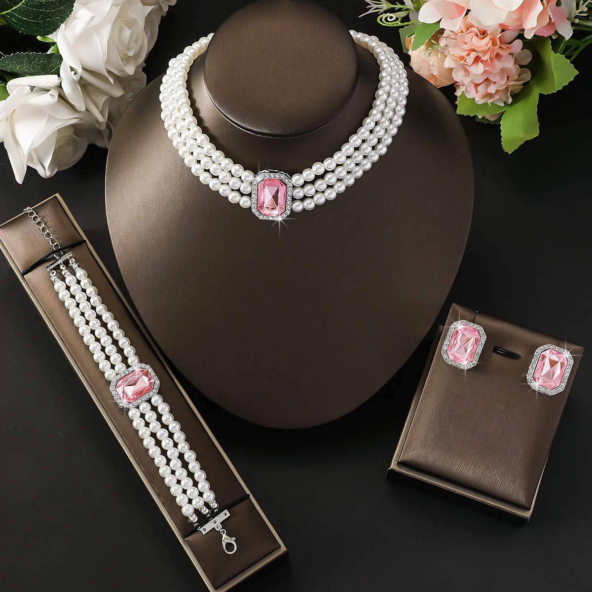 4PC Light Imitation Pearl Necklace Jewelry Set