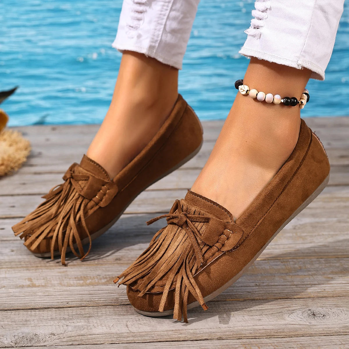 Tassel Loafers Retro Suede Flat Bohemian Style Slip-On Bean Shoes
