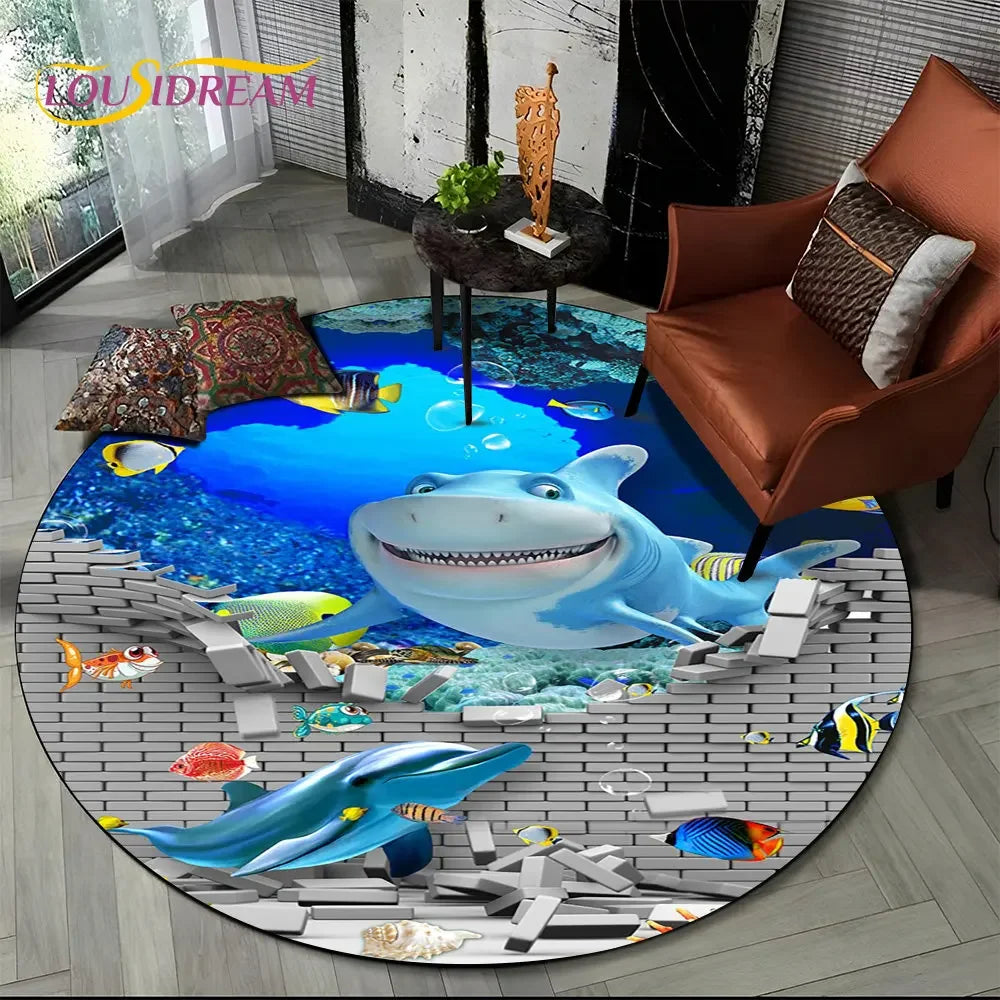3D Seabed Illusion Underwater World Dolphin Round Area Rug