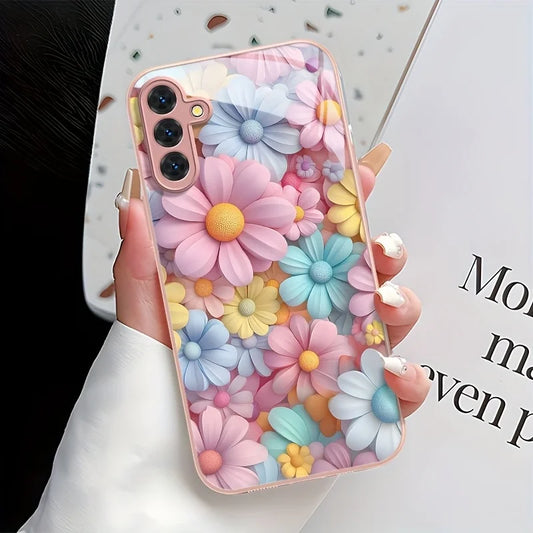 Hard Tempered Glass Flowers Back Cover Case Samsung