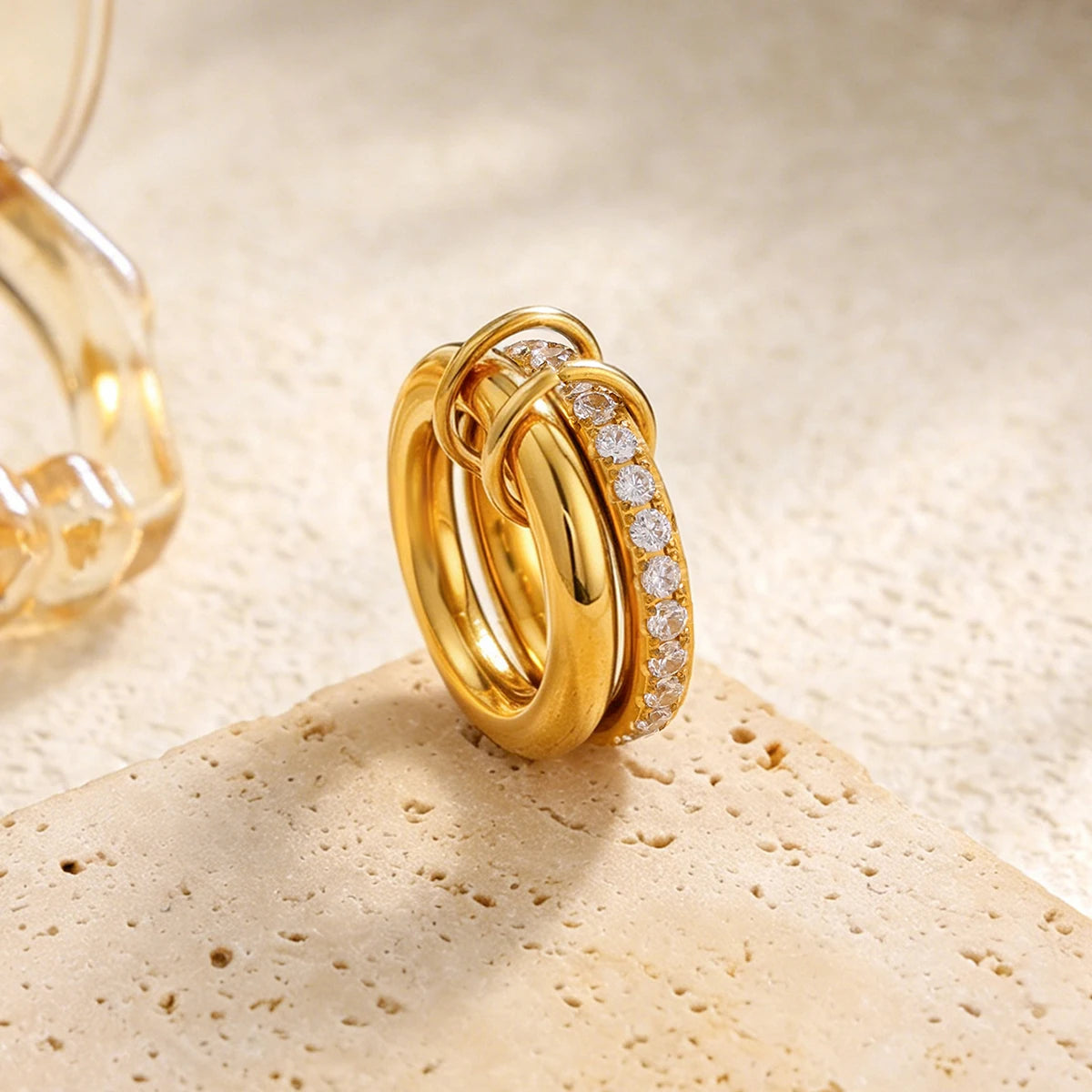 Luxury Stainless Steel 18K PVD Gold Plated Shiny Zircon Stackable Rings