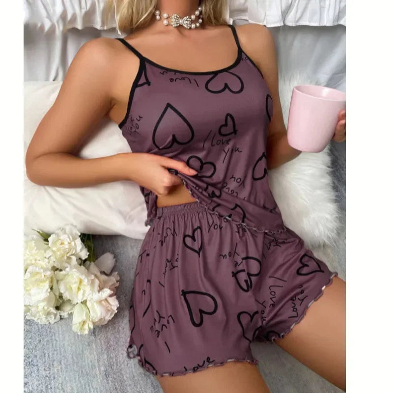 Heart-shaped printed sexy silk Pyjama Set