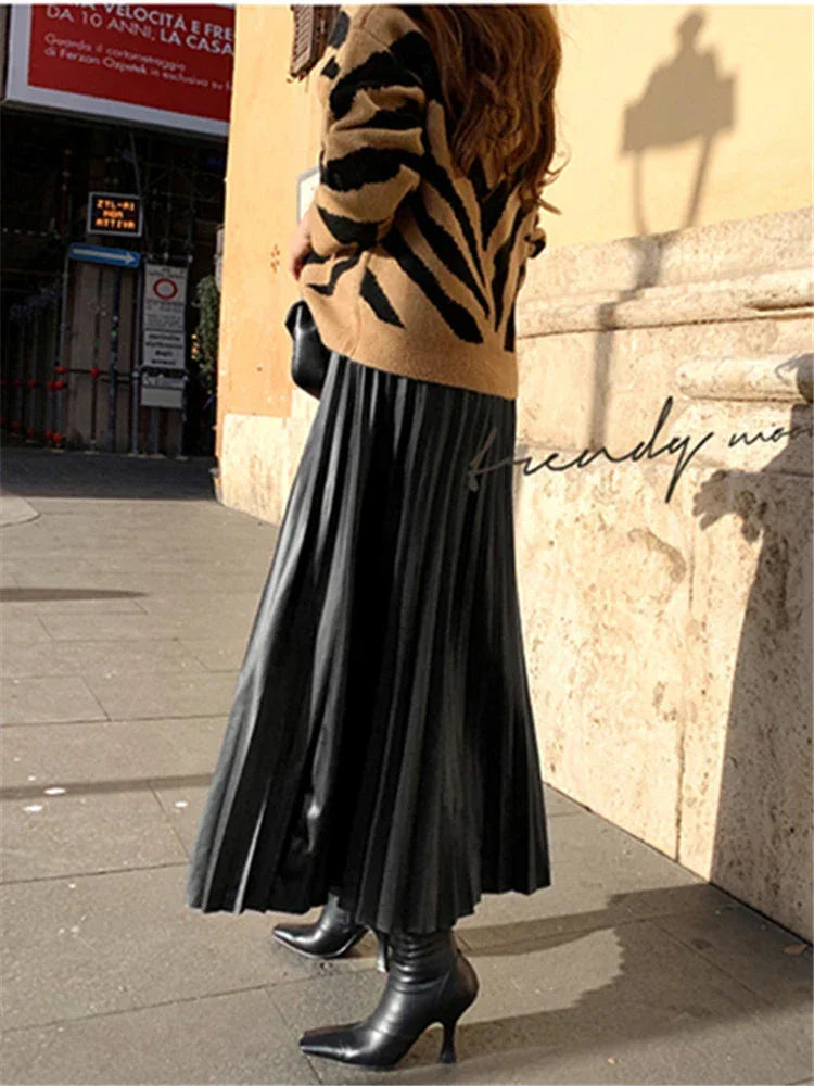 Leather Pleated High Waist long Skirt