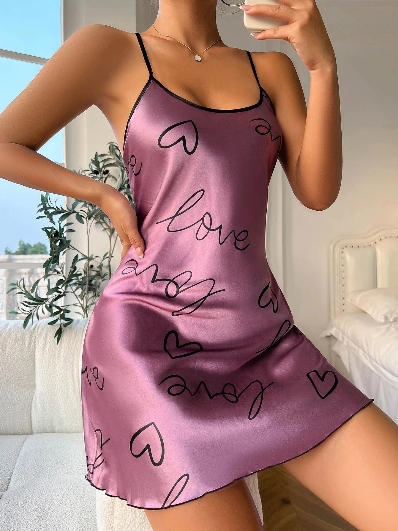 Heart Round Neck Spaghetti Pyjama