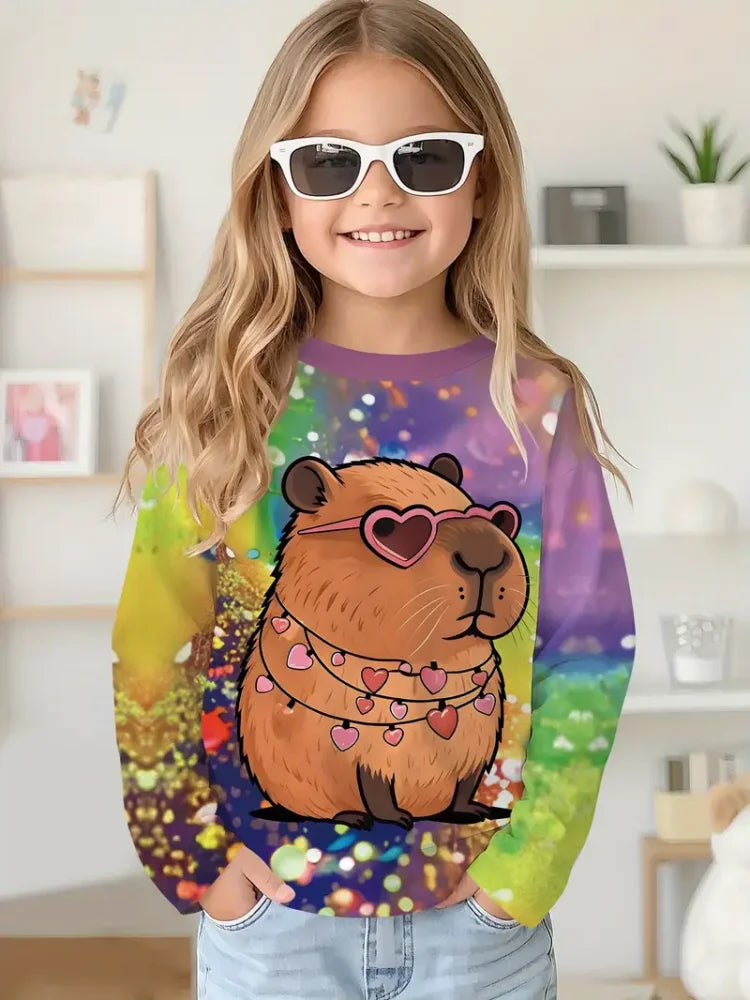 Cartoon Animal Capybala O-Neck Tops Long Sleeve Hoodies