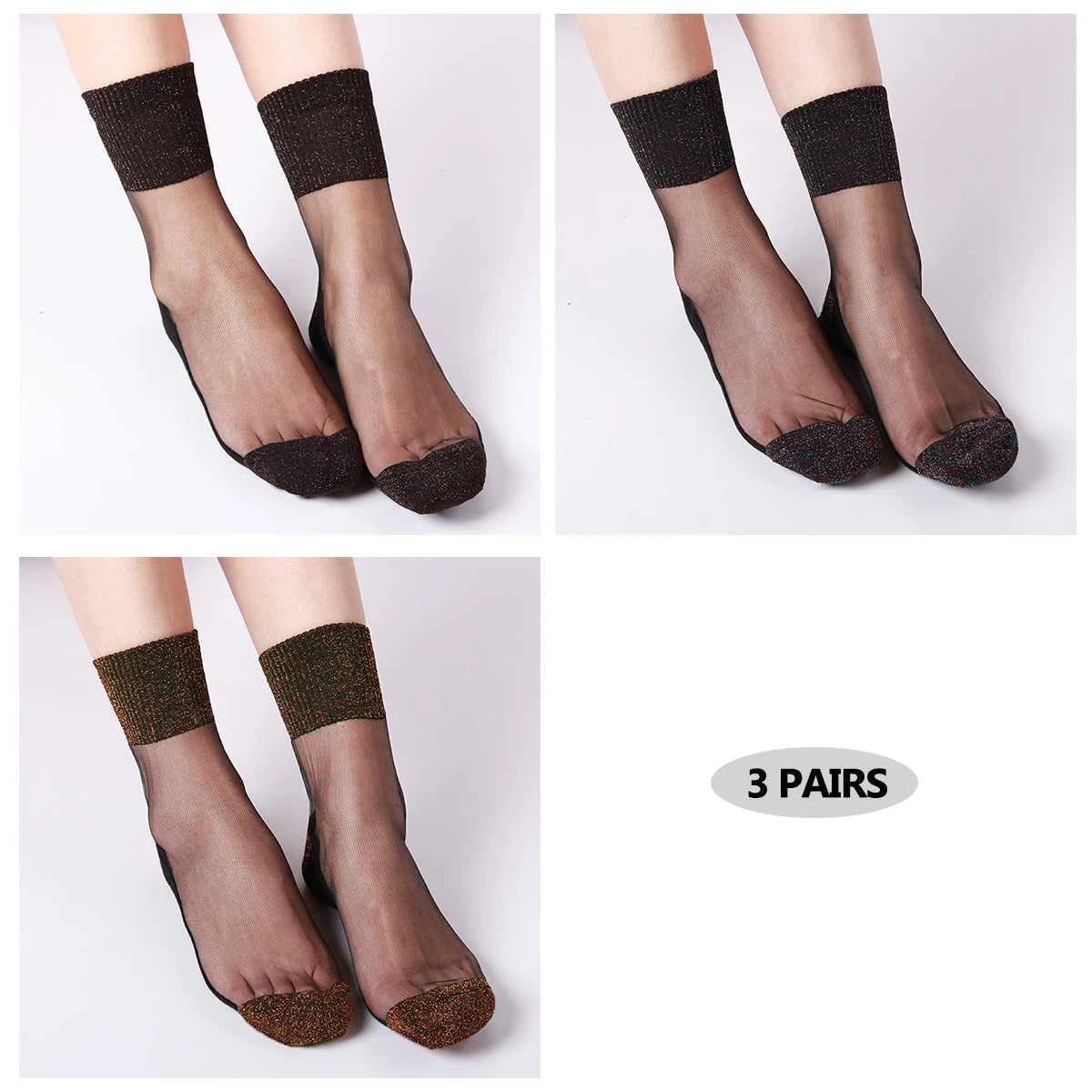 3 Pairs Ultrathin Transparent Glitter Crystal Glass Silk Socks