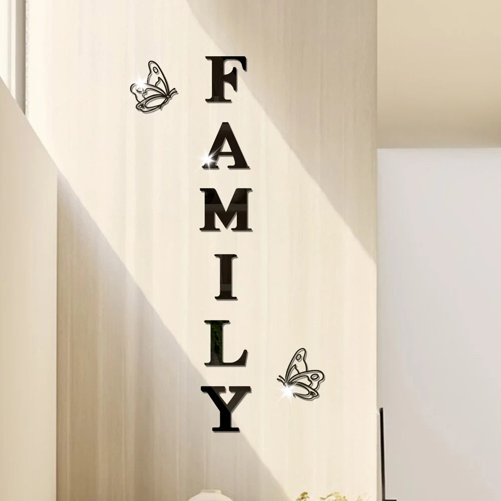 Two butterflies English Letters Family 3D Mirror Wall Stickers