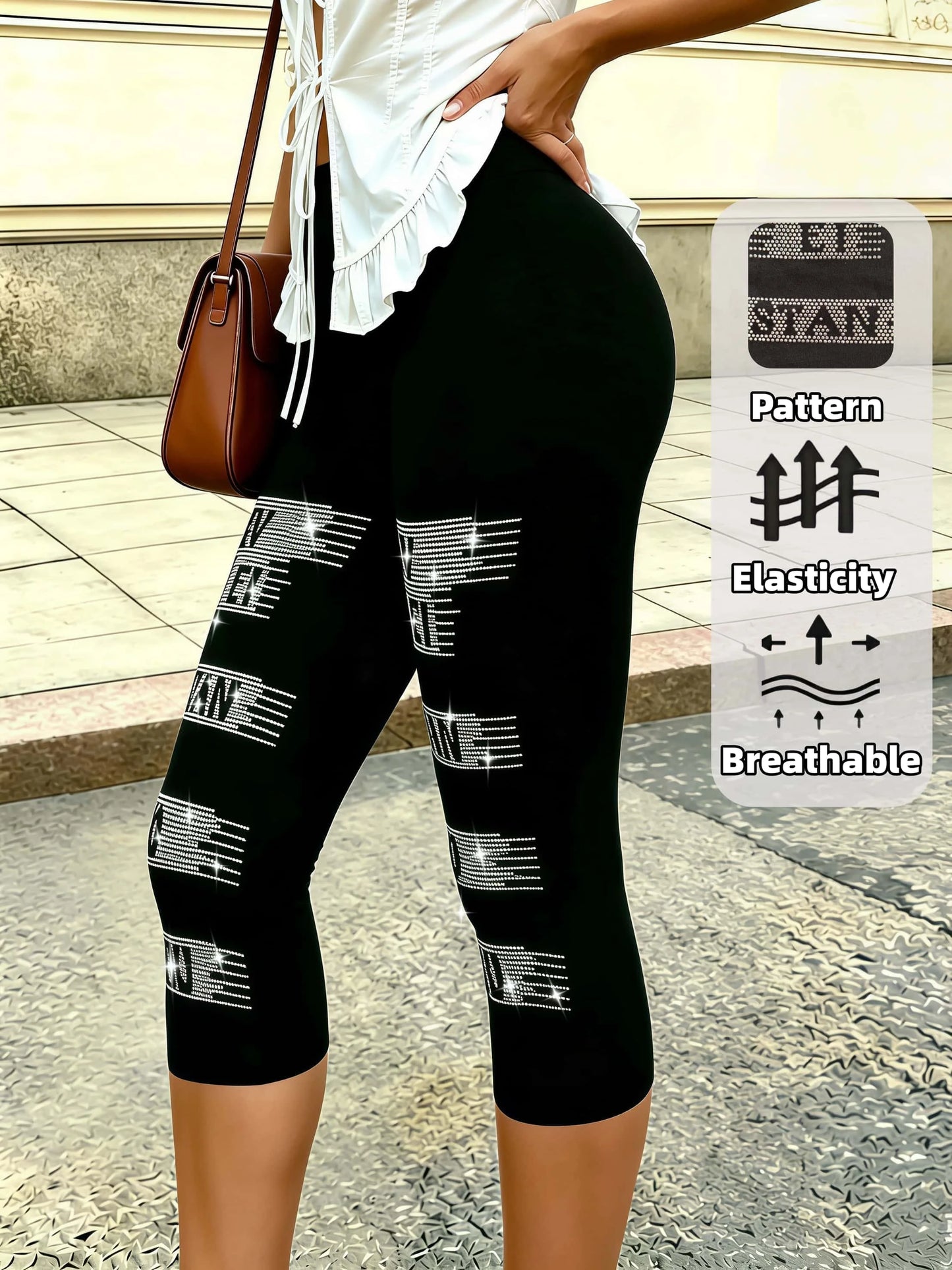 High Stretch Black Capri Pants With Rhinestone Embellishment