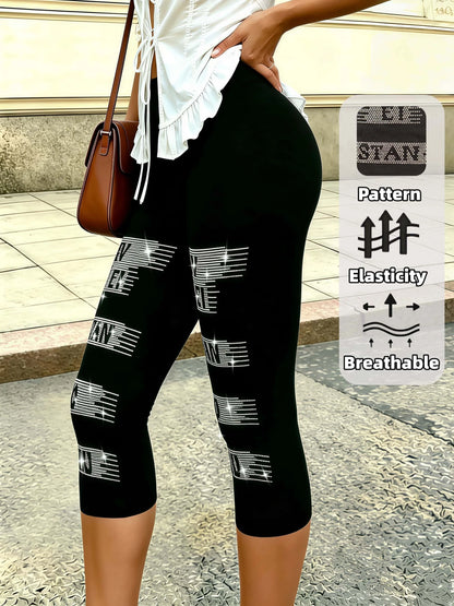 High Stretch Black Capri Pants With Rhinestone Embellishment