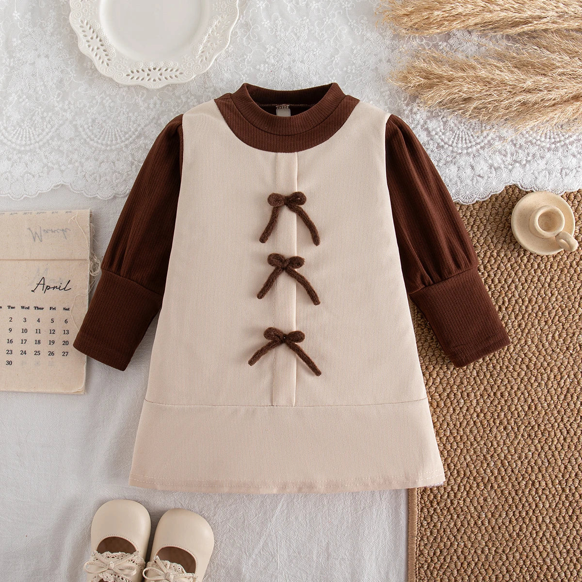 Girls First Birthday Banquet Costume Bow Element Soft Knit Long Sleeved Red Dress