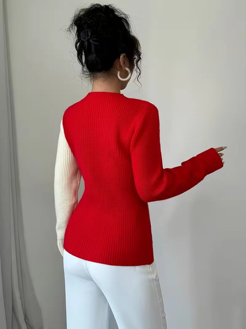 Colour-Block Heart Pattern Knitted Round Neck Long-Sleeve Casual Sweaters