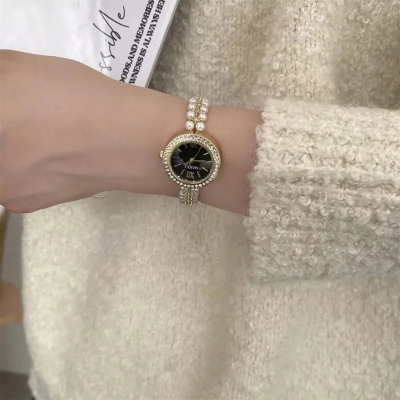 Pearl Studded Strap Luxury Bracelet Quartz Wristwatches