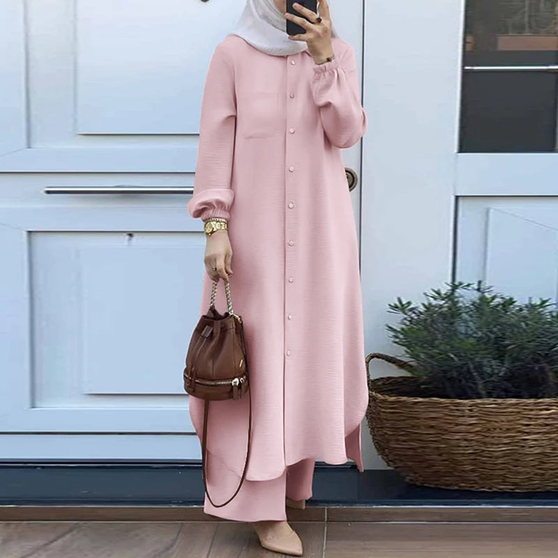 Muslim Suit Long Sleeve Blouse Pant Turkey Outfit