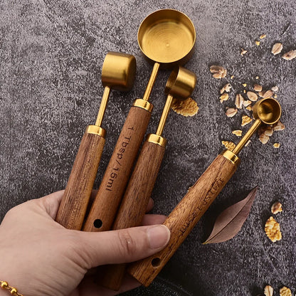 Wooden Handle Stainless Steel Measuring Cups Spoons