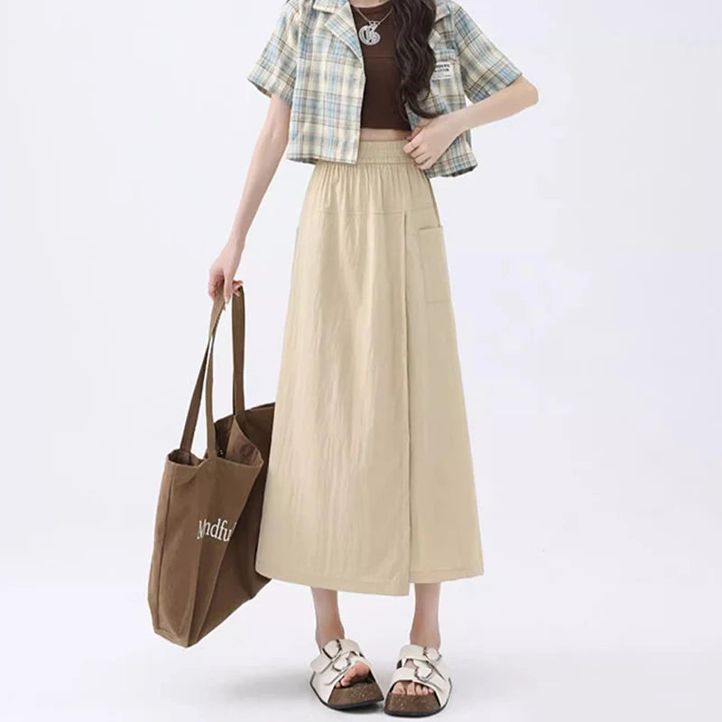 Loose Fit Thin Pants High Waist Slit Korean Midi Cargo skirt
