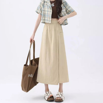 Loose Fit Thin Pants High Waist Slit Korean Midi Cargo skirt