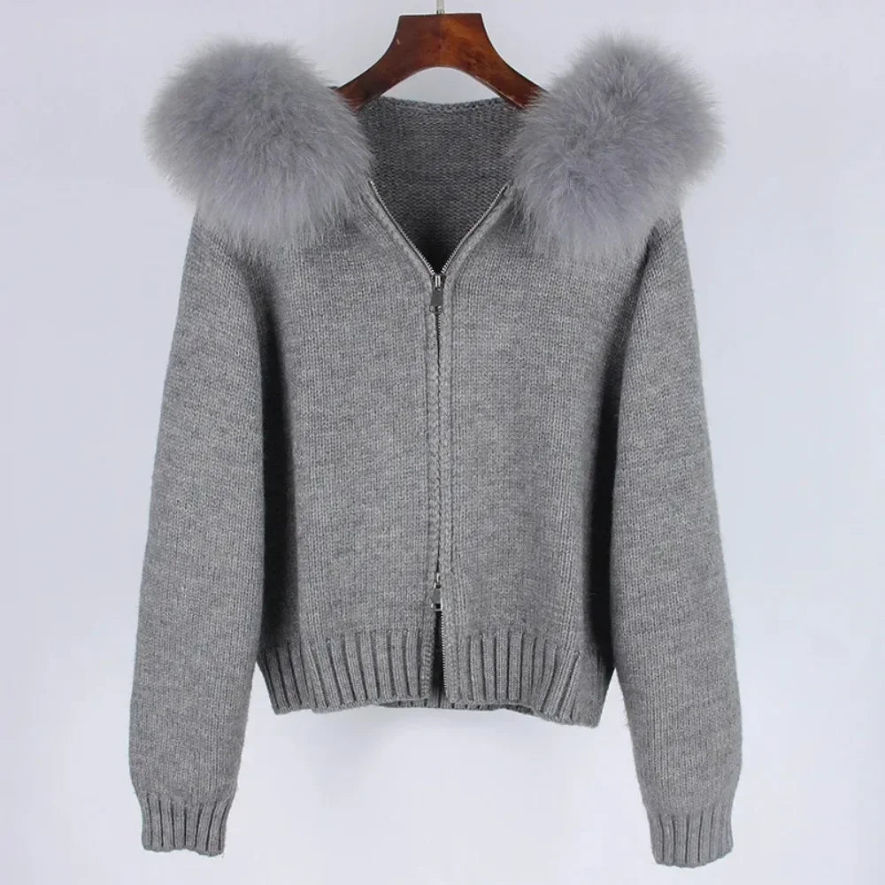 Autumn Winter Casual Hooded Real Fox Fur Collar Short Knitted Jacket