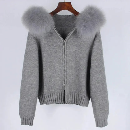 Autumn Winter Casual Hooded Real Fox Fur Collar Short Knitted Jacket