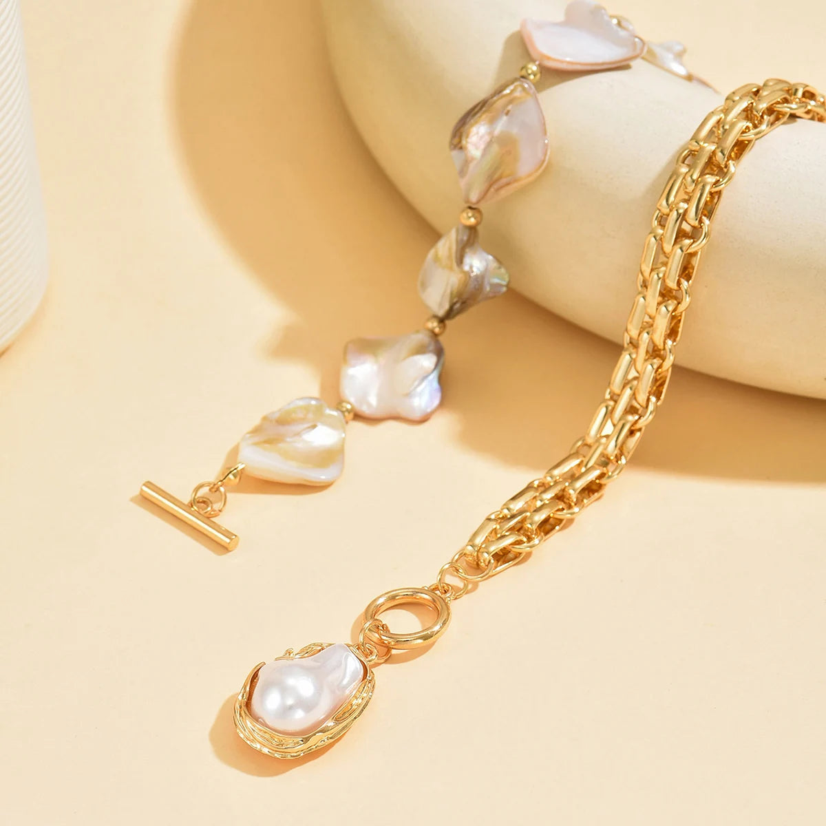 Boho Baroque Pearl Choker Asymmetric Cuban Link Chain Toggle Necklace
