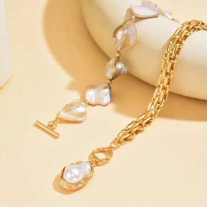 Boho Baroque Pearl Choker Asymmetric Cuban Link Chain Toggle Necklace