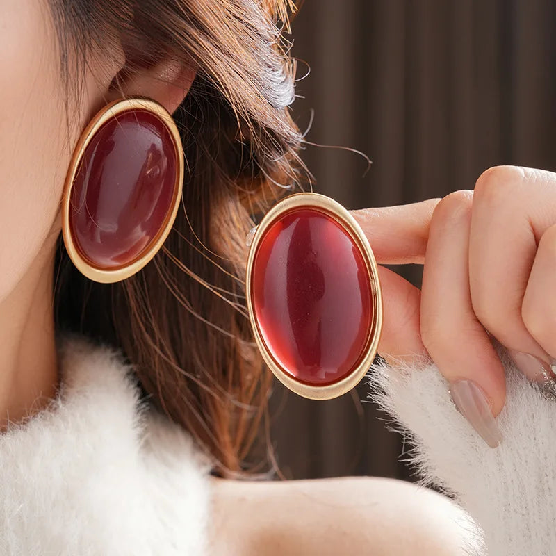 Vintage Red Resin Stud large Geometric Oval earrings