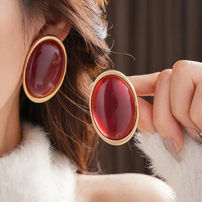 Vintage Red Resin Stud large Geometric Oval earrings