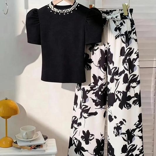 Casual Outfit T-Shirt with Bead Decoration in Solid Color + Printed Straight-Leg Set