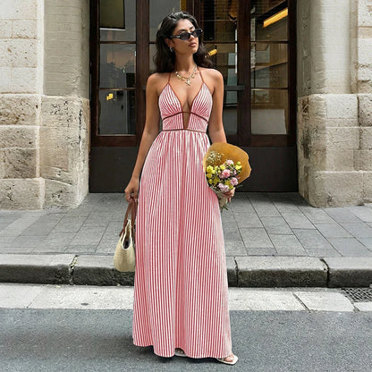 Deep V-neck Striped Sexy Backless Sleeveless Neckline Long Dress