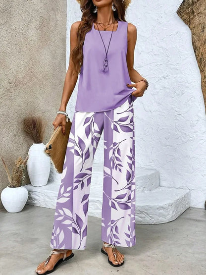 Sleeveless Tank Top Leaf Print Wide Leg Pants Set