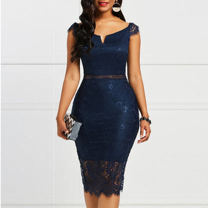 Sexy short-sleeved V-neck lace dress