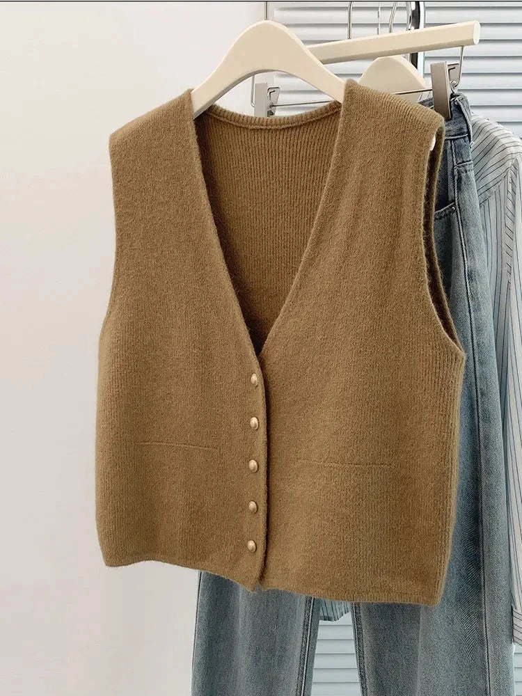 Soft Knitted Casual Button deep V-Neck Sleeveless Loose Knitwear Coats