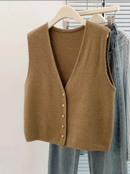 Soft Knitted Casual Button deep V-Neck Sleeveless Loose Knitwear Coats