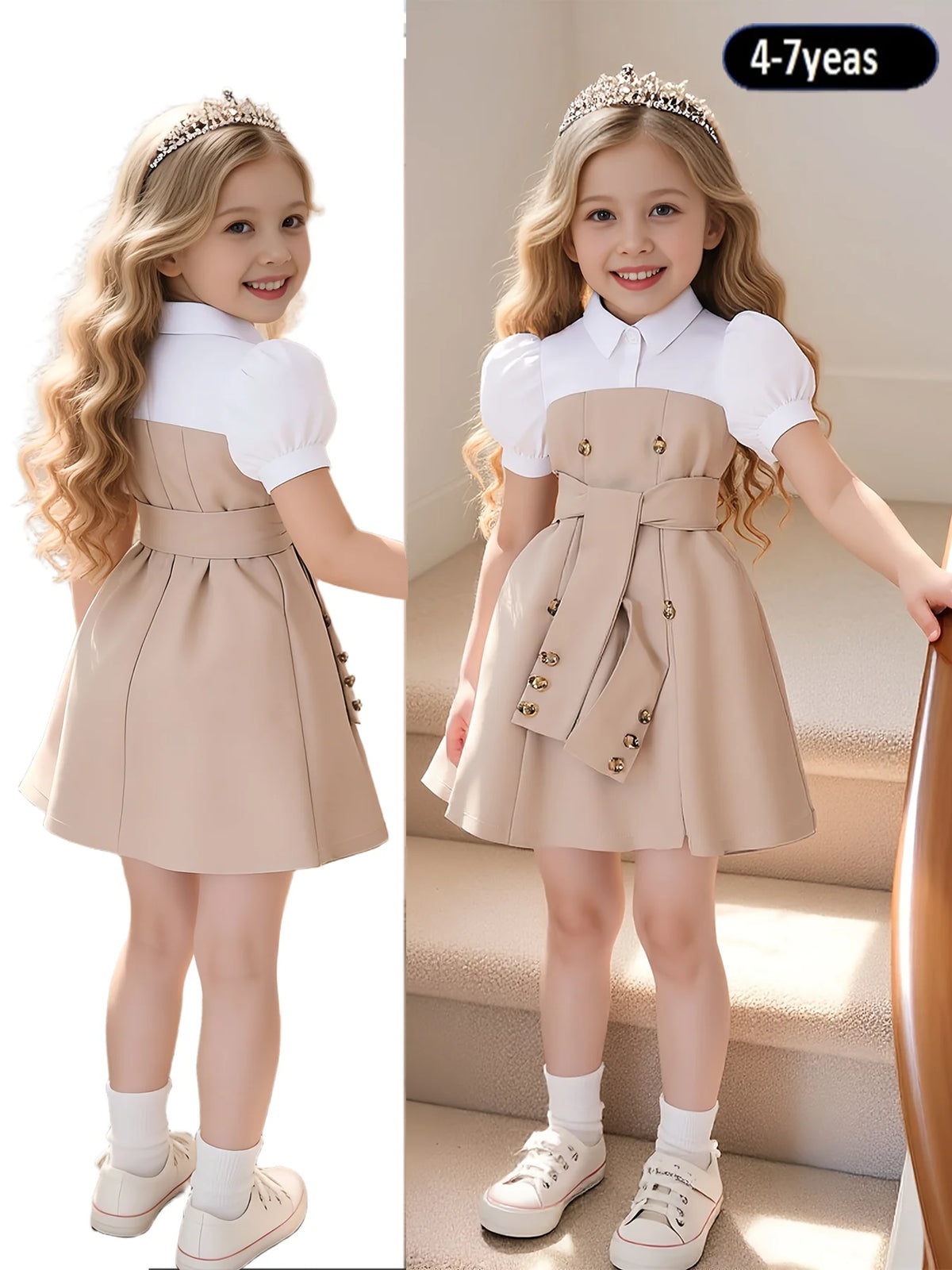 4-7 Years Princess Puff Sleeve Summer Peter Pan Collar Dress