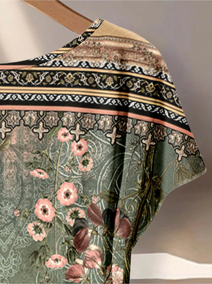 Casual Plus Size Dark Green Ethnic Style Floral Print Wide Leg Pants