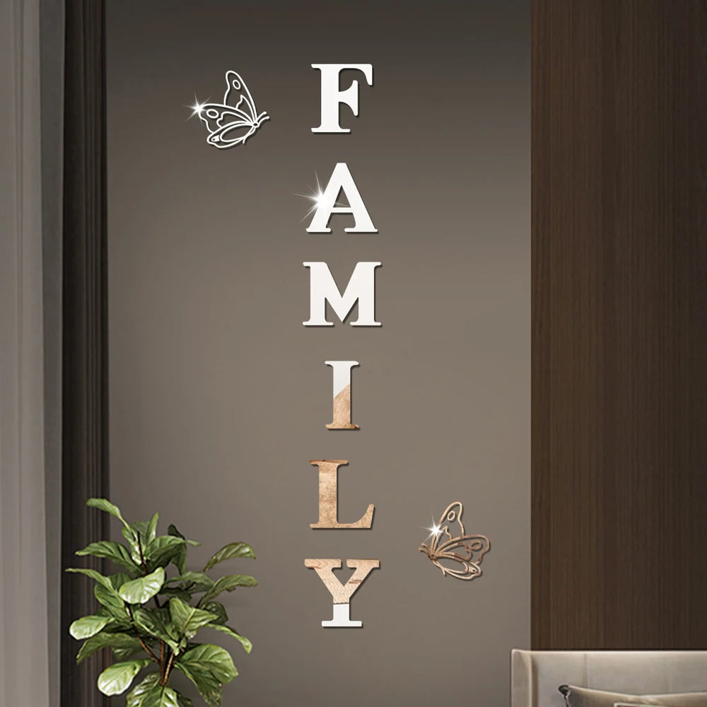 Two butterflies English Letters Family 3D Mirror Wall Stickers