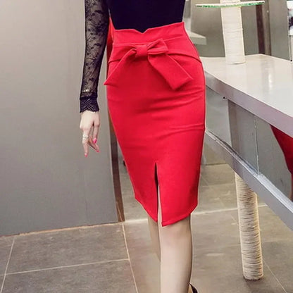 Knee Length High Waist Elegant Slit Bow Skirt