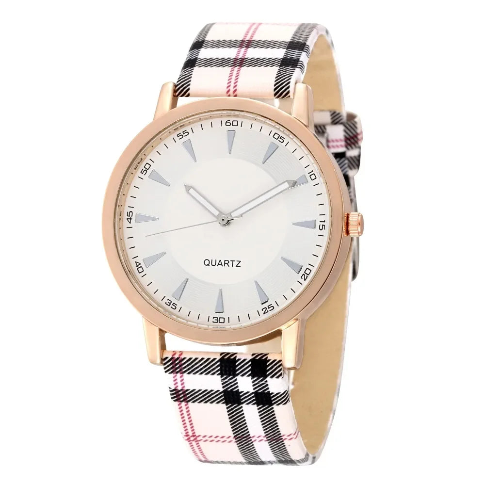 Vintage Plaid Leather Strap Quartz Wristwatches Watch