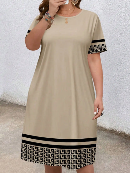 Plus-size short-sleeved round-neck pocket geometric dress