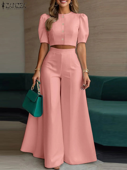 Conjunto de pantalón y pantalón de pierna ancha con manga corta abullonada