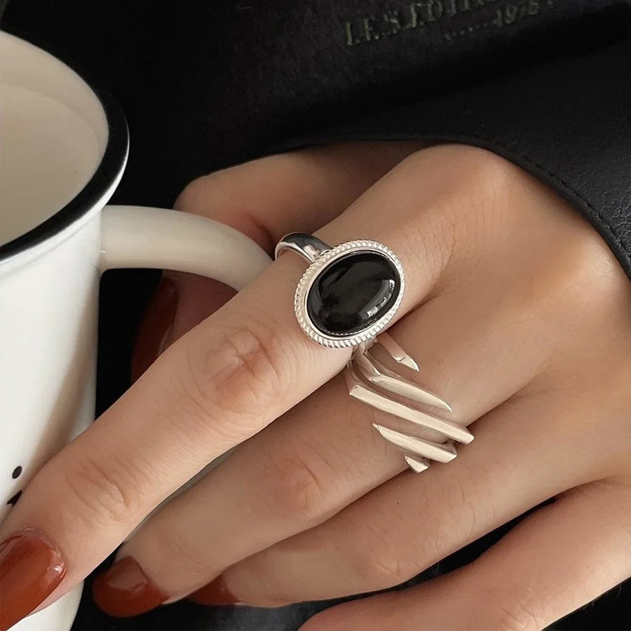 925 Sterling Silver Geometric Black Stone Rings