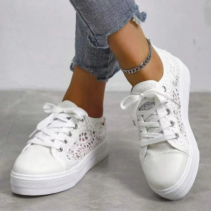 Casual White Lace Canvas Hollow Platform Flat Sneakers