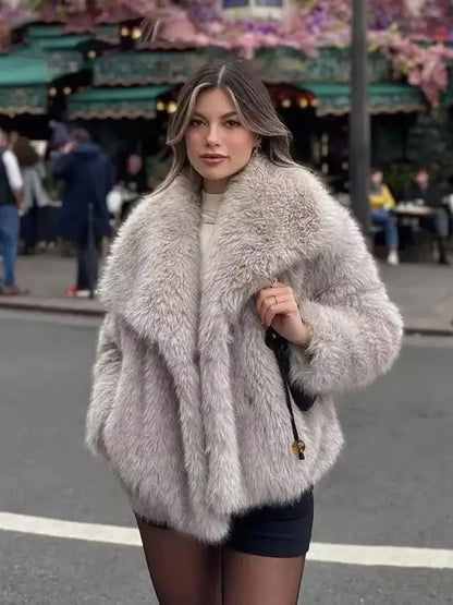 Elegant Faux Fur Warm Fluffy Loose Long Sleeve Lapel Jacket