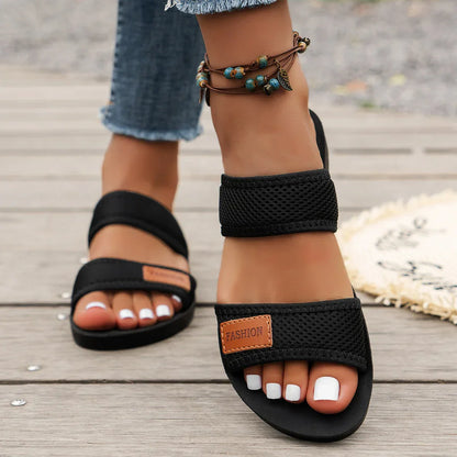 Toe-Open Flat Bottom Slip-On Mesh Material Slippers