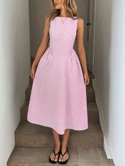 Slimming summer fresh vertical striped sleeveless dress
