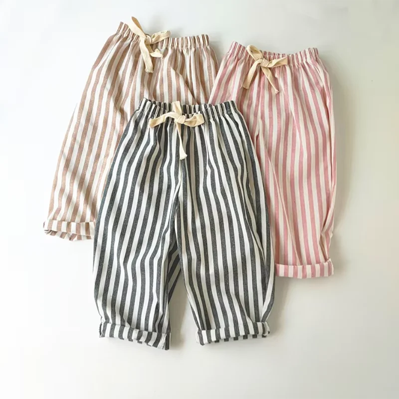 Retro Hemp Cotton Striped Casual Elastic Waist Pants