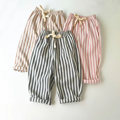 Retro Hemp Cotton Striped Casual Elastic Waist Pants